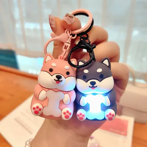 Cute Shiba Inu Keychain Glowing Night Light Cartoon Animal Doll Pendant Car Key Ring Backpack Charm Gift For Kids