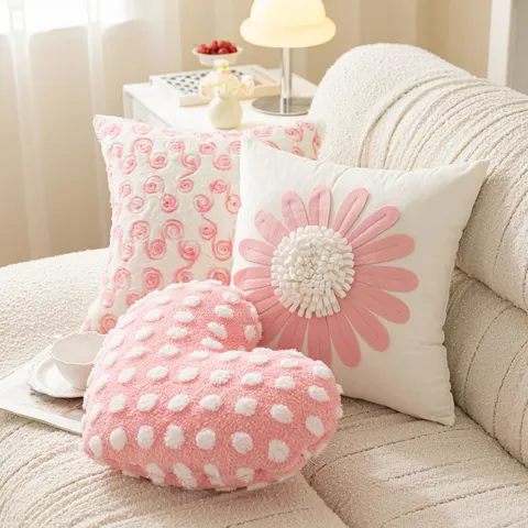 Princess Style Pink Floral Cushion Cover Cute Heart Dot Pillow Case Ins Sweet Home Sofa Bed Decorative Pillowcase