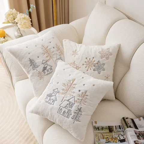 Christmas Embroidered Pillowcase Plush Sofa Decorative Cushion Winter Snowflake Cabin Cover Home Living Room Holiday Decor