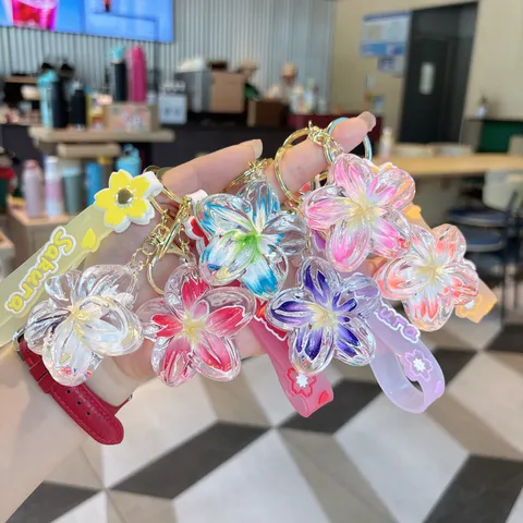 Creative Plumeria Liquid Quicksand Keychain Cute Acrylic Floating Flower Bag Pendant Glitter Keyring For Couples Gift
