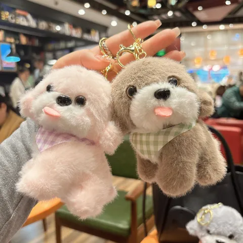 Cute Japanese Style Plush Dog Keychain Cartoon Plaid Scarf Puppy Soft Stuffed Animal Doll Toy Bag Pendant For Girls Women Gift