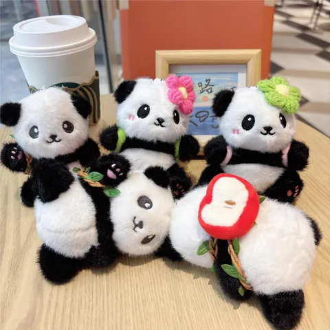 Cute Plush Panda Keychain Mini Backpack Fruit Flower Design Animal Doll Bag Pendant Student Schoolbag Hanging Ornament Gift