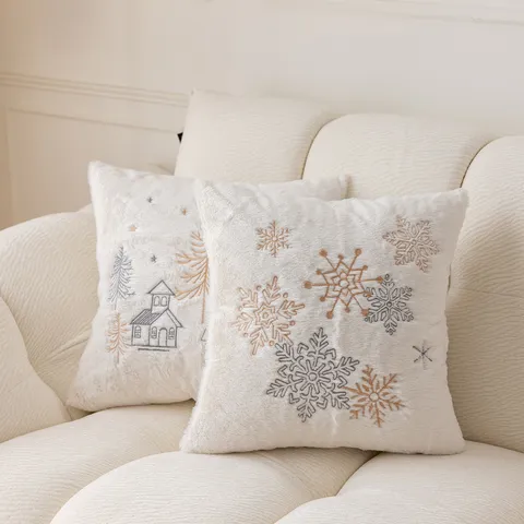 Christmas Embroidered Pillowcase Plush Sofa Decorative Cushion Winter Snowflake Cabin Cover Home Living Room Holiday Decor
