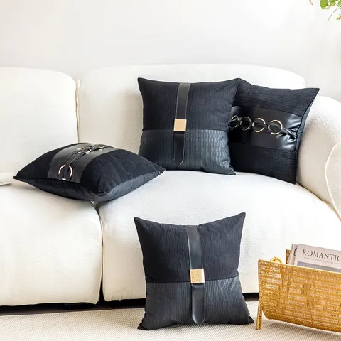 Modern Black Faux Leather Decorative Cushion Cover Luxury Style Patchwork Pillow Case For Sofa Home Living Room Decor