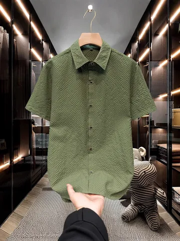 Men's Short Sleeve Shirt Seersucker Texture Button Down Smart Casual Summer Top Square Collar Loose Fit Solid Color Apparel