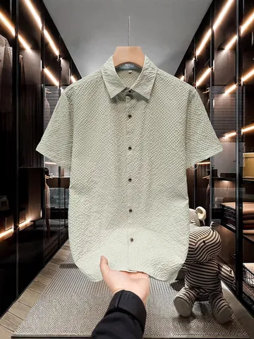 Men's Short Sleeve Shirt Seersucker Texture Button Down Smart Casual Summer Top Square Collar Loose Fit Solid Color Apparel