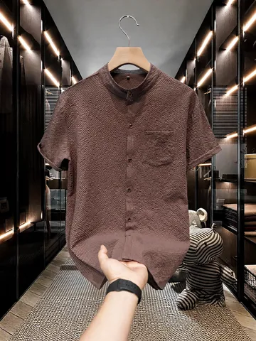 Men's Summer Casual Short Sleeve Shirt Stand Collar Seersucker Texture Polyester Top With Chest Pocket Non-iron Urban Fashion Shirt