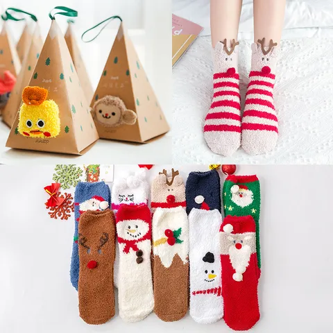 Christmas Plush Coral Fleece Floor Socks Cute Cartoon Animal Thickened Warm Home Sleeping Socks Gift Box