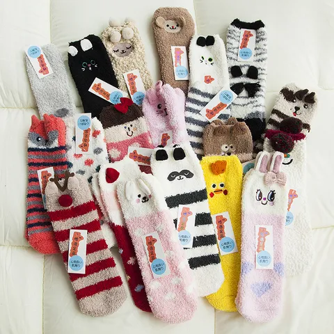 Christmas Plush Coral Fleece Floor Socks Cute Cartoon Animal Thickened Warm Home Sleeping Socks Gift Box
