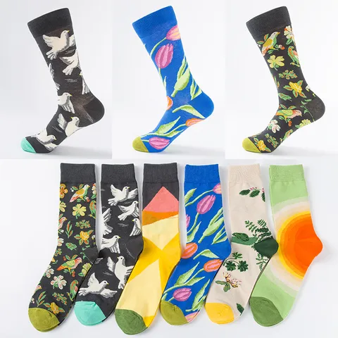 Men Thickened Casual Skateboard Socks Autumn Winter High Tube Cotton Blend Oil Painting Print Streetwear Long Socks