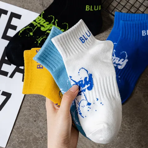 Men Casual Cotton Short Socks Colorful Letter Print Low Cut Boat Socks Hip Hop Skateboard Trendy Athletic Socks
