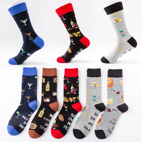 Men's Plus Size Crew Socks Casual Four Season Cotton Socks Novelty Beverage Wine Print Comfortable Mid Tube Socks