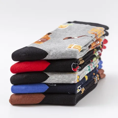 Men's Plus Size Crew Socks Casual Four Season Cotton Socks Novelty Beverage Wine Print Comfortable Mid Tube Socks