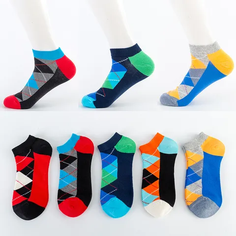 Chaussettes Courtes Respirantes en Mélange de Coton Décontractées pour Hommes Motif Argyle Géométrique Chaussettes Invisibles de Sport