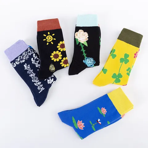 Heren Katoen Casual Lange Crew Sokken Botanische Bloemen Print Ademend Comfortabel Vier Seizoenen
