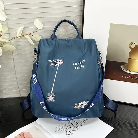 Women Casual Waterproof Nylon Backpack Large Capacity Anti-Theft School Bookbag With Embroidery Floral Design Fashion Daypack