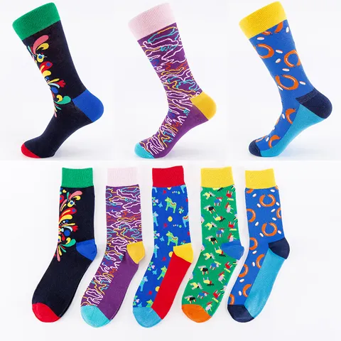 Men Casual Cotton Blend Crew Socks Colorful Patterned Athletic Sports Fashion Socks For Daily Wear
