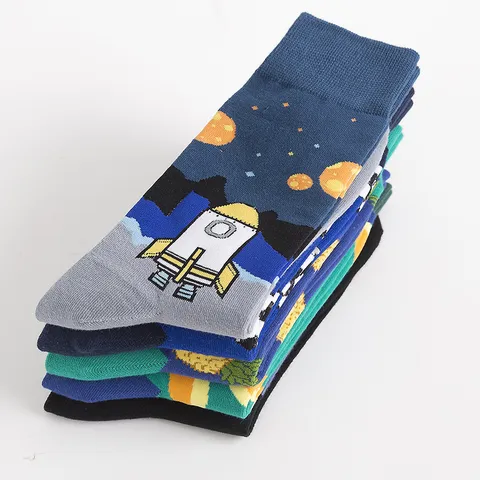 Men's Trendy Cartoon Printed Crew Socks High Stretch Cotton Blend Sports Skateboard Long Socks Casual Breathable Stockings