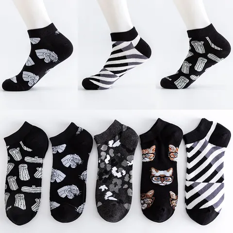Herren Lässige Baumwolle Bootssocken Schwarz Weiß Geometrisch Camo Gestreift Katzen Druck Kurze Knöchelsocken Tägliche Streetwear Atmungsaktiv