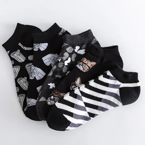 Herren Lässige Baumwolle Bootssocken Schwarz Weiß Geometrisch Camo Gestreift Katzen Druck Kurze Knöchelsocken Tägliche Streetwear Atmungsaktiv