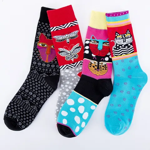 Heren Casual Katoenen Socken Abstrakt Kat Vlinder Patroon Vier Seizoenen Crew Socken Ademende Mode Beenmode