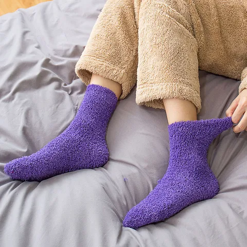 Dames Winter Verdikte Koraalvleece Slaapsokken Effen Kleur Warme Thermische Binnenvloersokken Gezellig