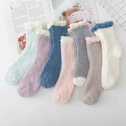 Χειμερινές Πυκνωμένες Κάλτσες Ύπνου από Coral Fleece για Γυναίκες Μονόχρωμες Μεσαίου Ύψους Ζεστές Σπιτικές Θερμικές Κάλτσες
