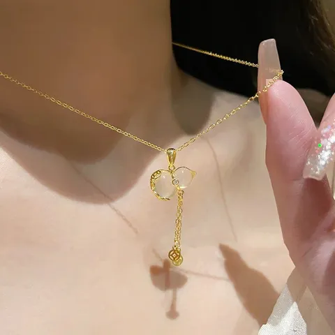 Neo-Chinese Style Copper Gourd Pendant Necklace Elegant Rhinestone Coin Tassel Choker Chain Jewelry For Women