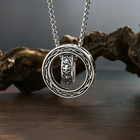 Vintage Gothic Punk Copper Thorn Double Ring Pendant Necklace For Men Retro Thai Silver Color Rose Flower Neck Chain Jewelry