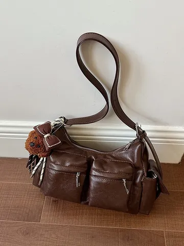 Retro PU Leather Multi-Pocket Shoulder Bag For Women Fashion Commute Tote Crossbody Bag Big Capacity Large Satchel Handbag