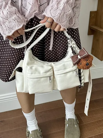 Retro PU Leather Multi-Pocket Shoulder Bag For Women Fashion Commute Tote Crossbody Bag Big Capacity Large Satchel Handbag
