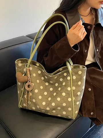 Γυναικεία Χαλαρή Τσάντα Tote από Καστόρι Πουά Μεγάλης Χωρητικότητας Τσάντα Ώμου Δυτικό Ρετρό Ραφές Μετακίνηση Τσάντα Χειρός