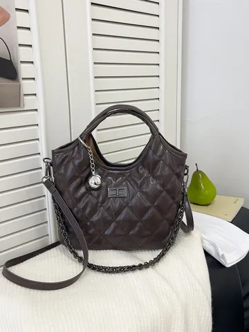 Women Vintage PU Leather Quilted Diamond Tote Bag With Chain Strap Large Capacity Shoulder Crossbody Bag Soft Messenger Bag For Daily Matching