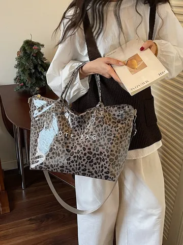 Borsa Tote in PVC da Donna Vintage Stampa Leopardata Borsa a Spalla Casual di Grande Capacità Borsa a Mano Alla Moda per Uso Quotidiano