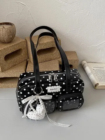 Women Polka Dot Bowling Bag Retro PU Leather Shoulder Underarm Bag Large Capacity Clear Window Tote Handbag For Daily Commuting
