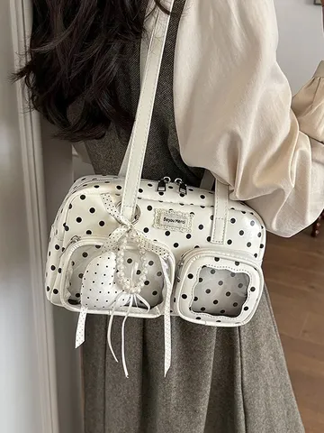 Women Polka Dot Bowling Bag Retro PU Leather Shoulder Underarm Bag Large Capacity Clear Window Tote Handbag For Daily Commuting
