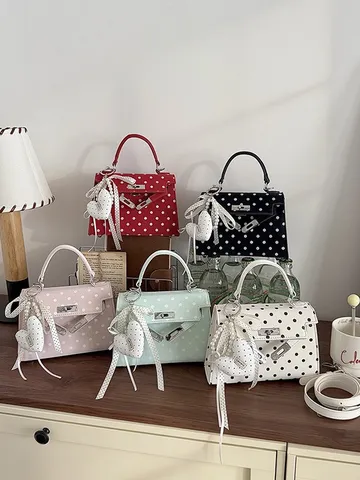 Mode Punkte Damen Umhängetasche PU Leder Retro Top Griff Schultasche Elegante Henkeltasche Mit Herzanhänger