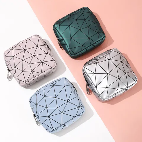 Draagbare Mini PU Hygiënisch Maandverband Tas Geometrisch Patchwork Rits Opbergtas Make-up Portemonnee Voor Vrouwen
