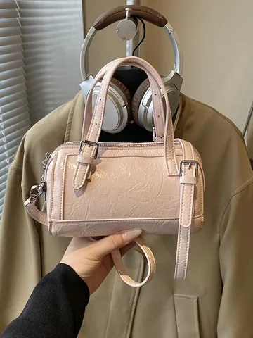 Damen Retro PU Leder Boston Tasche Glänzende Knitteroptik Textur Kleine Kissenform Top Handle Handtasche Verstellbare Umhängetasche Für Pendeln