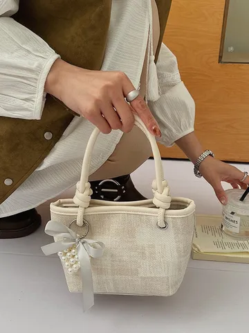 Minimalistische PU Leder Eimertasche Für Damen Trendige Handtasche Mit Schleife Künstliche Perle Anhänger Elegante Umhängetasche Casual Tote