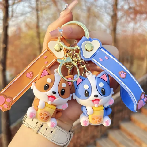 Cute Corgi Dog Milk Tea Cup Keychain PVC Cartoon Animal Bag Pendant Car Key Ring Kawaii Couple Gift