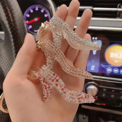 Creative Metal Rhinestone High Heel Keychain Sparkling Crystal Shoe Pendant Car Keyring Luxury Women Bag Charm Accessory Gift