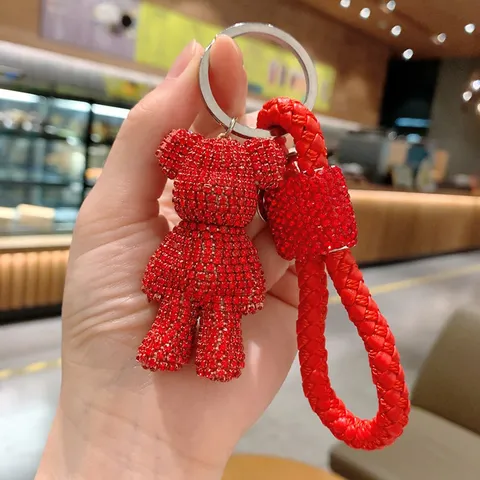Creative Light Luxury Alloy Rhinestone Bear Keychain With Braided Leather Strap Cartoon Animal Car Key Ring Purse Charm Decoration Bag Pendant For Unisex Everyday