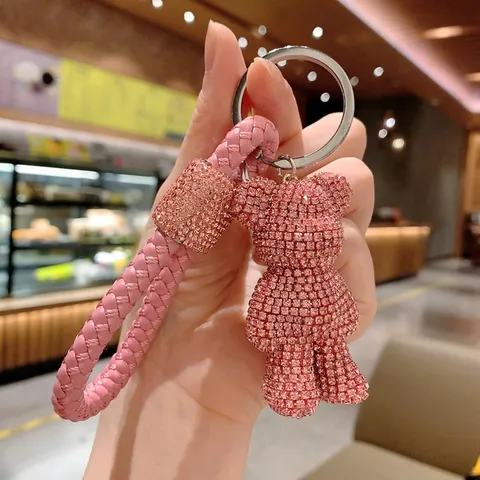 Creative Light Luxury Alloy Rhinestone Bear Keychain With Braided Leather Strap Cartoon Animal Car Key Ring Purse Charm Decoration Bag Pendant For Unisex Everyday