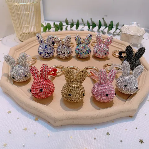 Luxury Alloy Rhinestone Rabbit Keychain Shiny Sparkling Animal Crystal Bag Charm Pendant Bling Car Key Ring Chain For Women Girls Gift