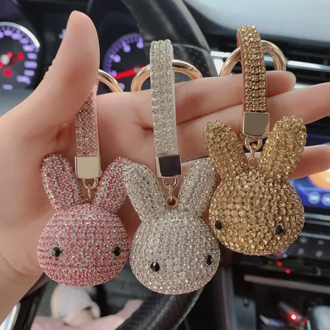 Luxury Alloy Rhinestone Rabbit Keychain Shiny Sparkling Animal Crystal Bag Charm Pendant Bling Car Key Ring Chain For Women Girls Gift