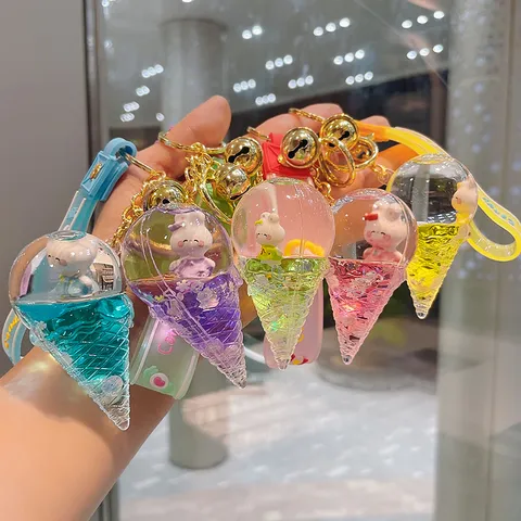 Creative Liquid Quicksand Ice Cream Rabbit Keychain Floating Figure Floating Acrylic Key Ring Bag Hanging Ornament Charm For Car Key