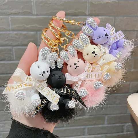 Rhinestone Bowknot Faux Fur Rabbit Keychain Cute Cartoon Bunny Zinc Alloy Keyring Luxury Car Bag Pendant Charm For Women