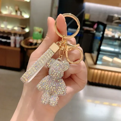 Rhinestone Bear Keychain Cute Cartoon Animal Key Ring Inlaid Crystal Bag Pendant For Women Girls Car Key Decoration Gift