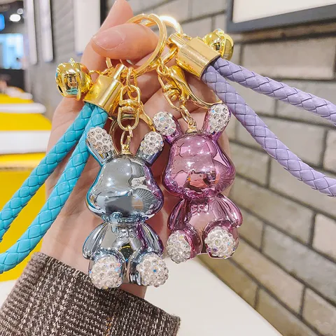 Cute Electroplated Metal Bowtie Rabbit Keychain Sparkling Rhinestone Inlaid Rabbit Bag Charm With Braided Rope Bell Pendant Key Ring Gift For Women